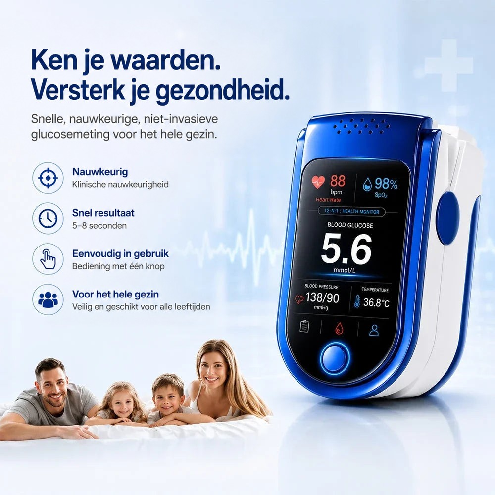 Monitor in schuine zijaanzicht naast een lijst met voordelen, met onderaan een gezin van vier dat lachend op een bed ligt. 5