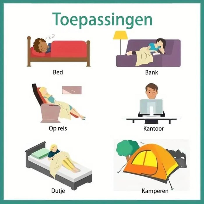 Getekende illustraties van gebruik op bed, bank, onderweg, kantoor, tijdens een dutje en bij kamperen 9