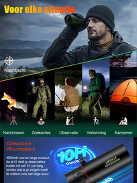 Collage van gebruik in het donker, zoals nachtjagen, vissen en kamperen, met batterij-informatie onderaan 3