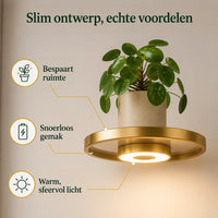 Close-up van een ronde gouden wandplank met een plant en een gloeiende ledring eronder, met pictogrammen voor ruimtebesparing, draadloos gebruik en sfeerlicht. 3