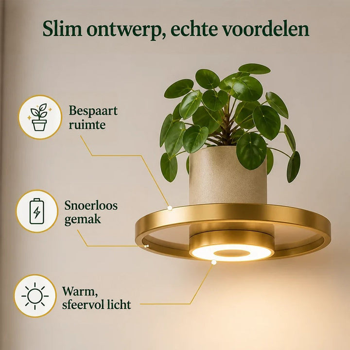 Close-up van een ronde gouden wandplank met een plant en een gloeiende ledring eronder, met pictogrammen voor ruimtebesparing, draadloos gebruik en sfeerlicht. 3