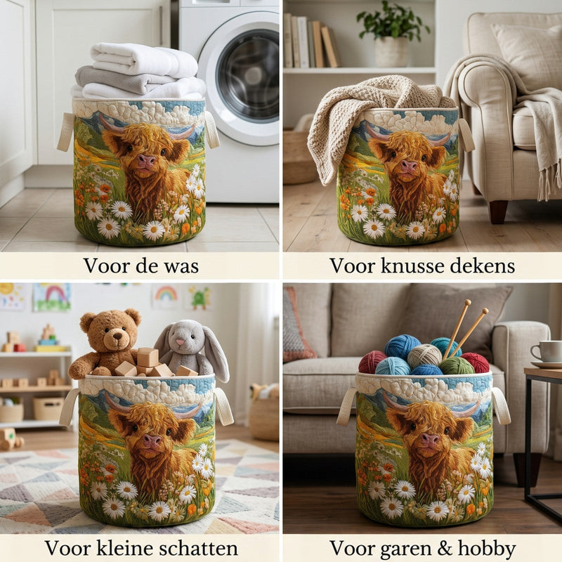 Vier beelden van dezelfde mand in gebruik: gevuld met wasgoed, een gebreide deken, knuffels en bouwblokken, en bollen wol met breinaalden. 2