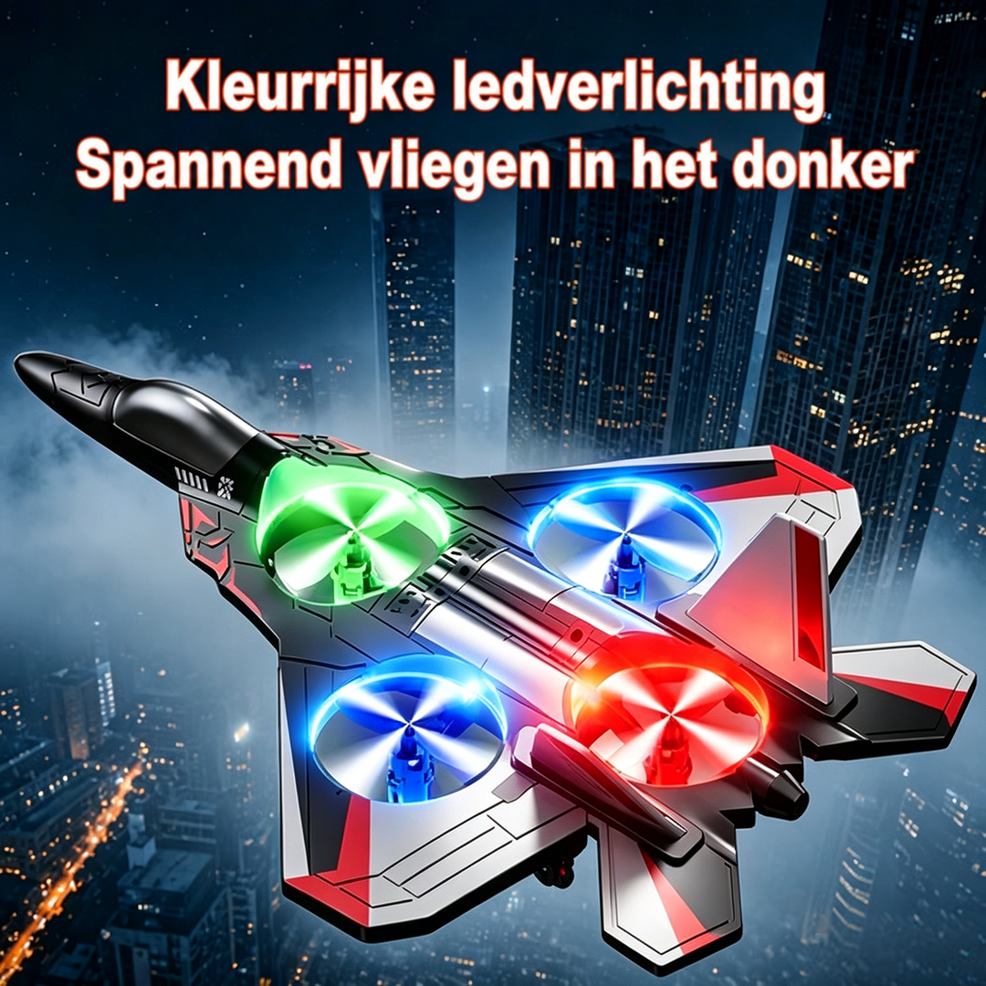 Gevechtsvliegtuig met groene, blauwe en rode ledverlichting in de rotoren, vliegend boven een nachtelijke stad met hoge wolkenkrabbers. 1