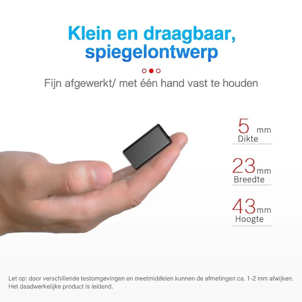 Klein rechthoekig zwart apparaatje op een vingertop, met de afmetingen in dikte, breedte en hoogte 4