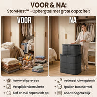 Voor-en-nadeelvergelijking: rommelige kledingkast met speelgoed en kleren links, rechts twee gestapelde zwarte opbergtassen en een lachende vrouw. 3