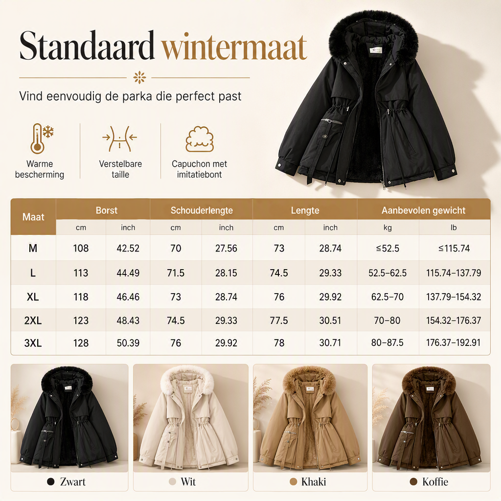 Maattabel voor de parka met afmetingen en gewichtsadvies, plus de vier kleuren zwart, wit, kaki en koffie 12