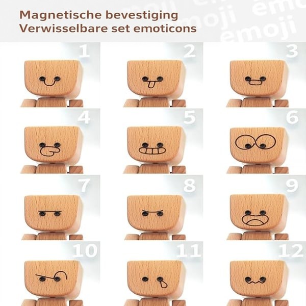 Overzicht van twaalf genummerde wisselbare gezichtjes op het houten hoofd, van lachend en tong uitstekend tot boos en huilend. 8