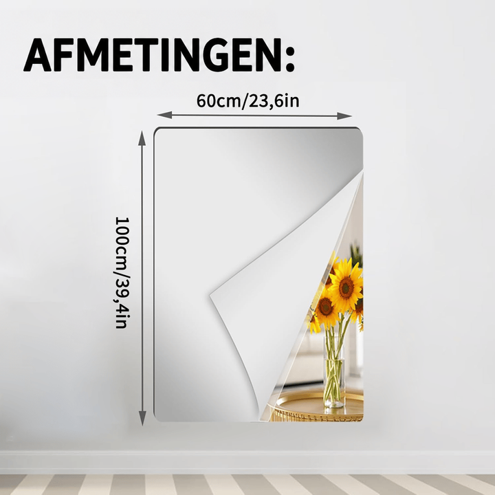 Breder rechthoekig spiegelvel met omgekrulde hoek, zonnebloemen in de weerspiegeling en maataanduiding voor breedte en 14