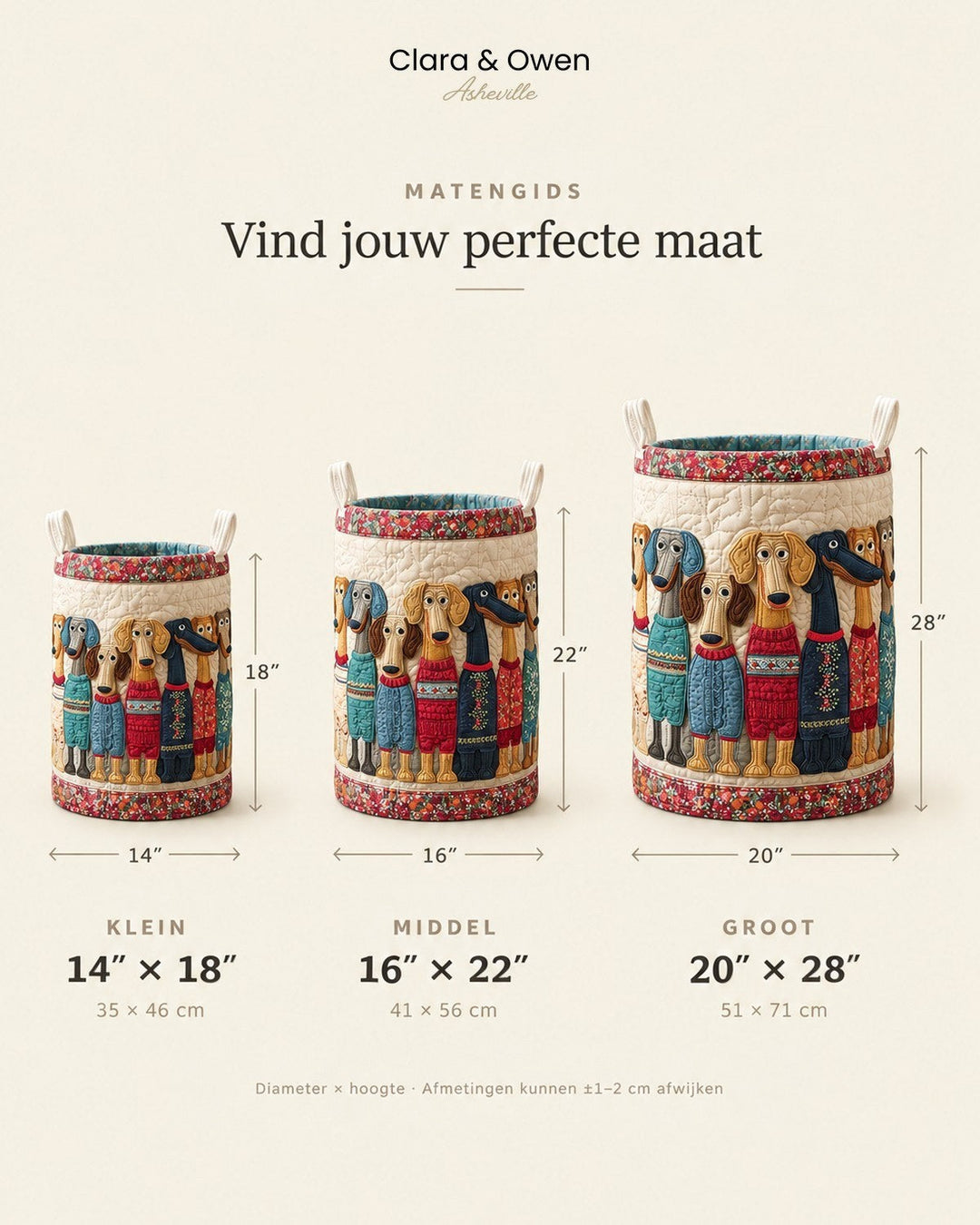Maatoverzicht van drie manden naast elkaar, klein, middel en groot, met de afmetingen erbij 5