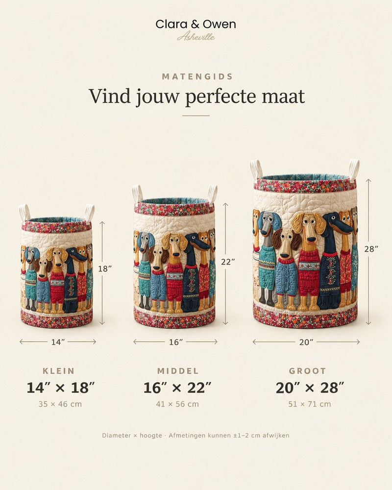 Maatoverzicht van drie manden naast elkaar, klein, middel en groot, met de afmetingen erbij 5