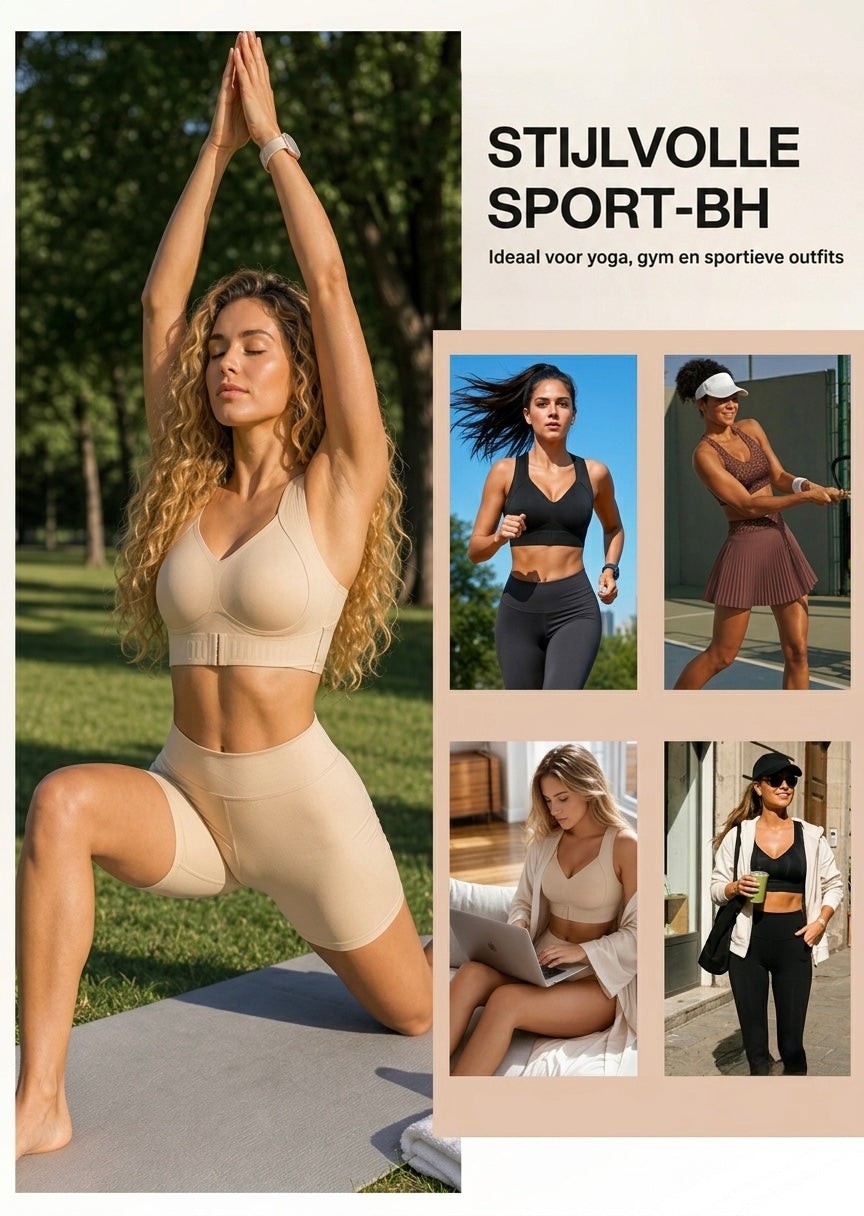 Collage van vrouwen die de sportbeha dragen tijdens yoga, hardlopen, tennis, thuis werken en wandelen. 9
