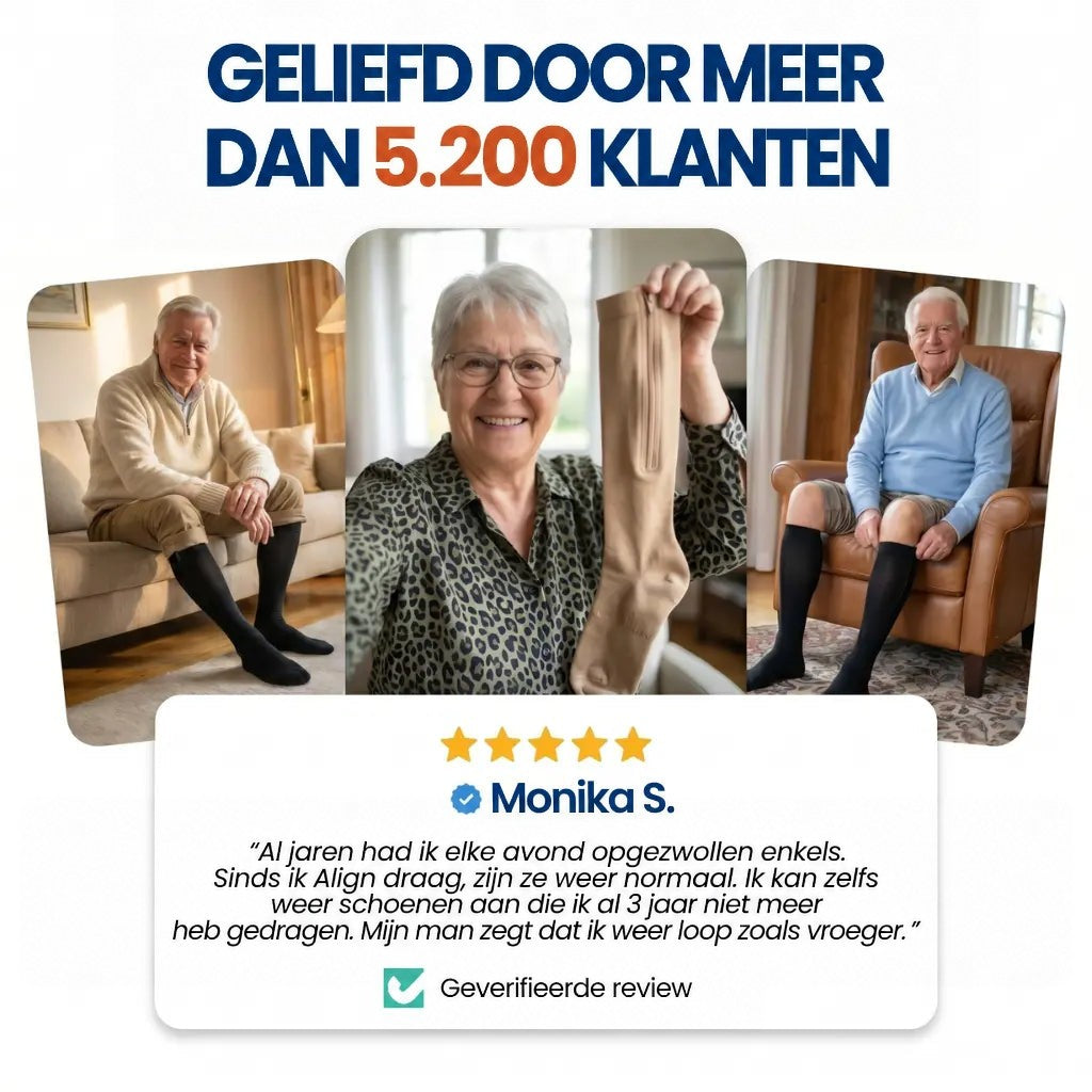 Collage van drie tevreden senioren thuis, een vrouw houdt een beige kous omhoog, met een klantenreview 9