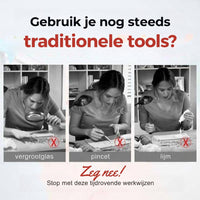 Drie foto's van een vrouw die steentjes plaatst met vergrootglas, pincet en lijm, elk met een kruisje 2