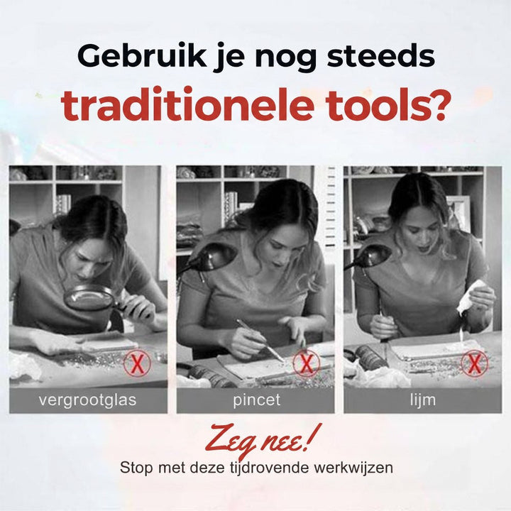 Drie foto's van een vrouw die steentjes plaatst met vergrootglas, pincet en lijm, elk met een kruisje 2