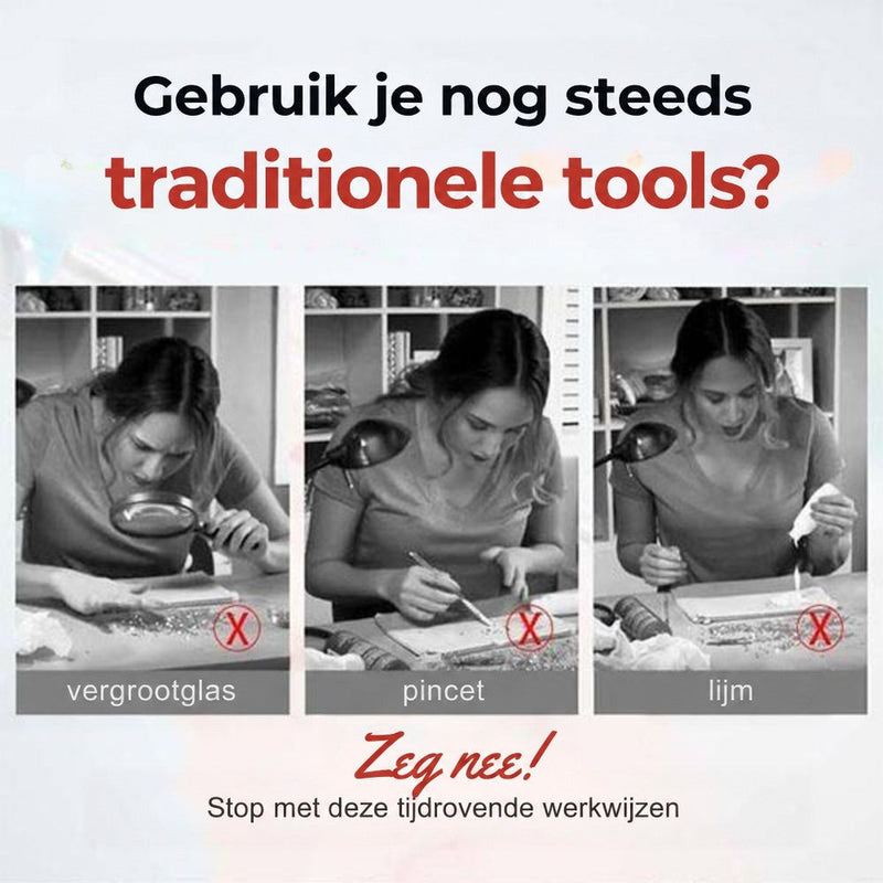 Drie foto's van een vrouw die steentjes plaatst met vergrootglas, pincet en lijm, elk met een kruisje 2