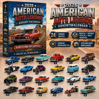 Doos met een rode muscle car en daaronder 24 genummerde miniatuurauto's in uiteenlopende stijlen en kleuren 4
