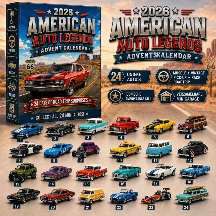 Doos met een rode muscle car en daaronder 24 genummerde miniatuurauto's in uiteenlopende stijlen en kleuren 4