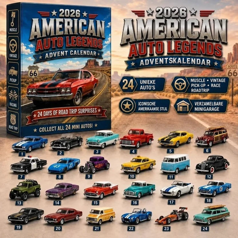 Doos met een rode muscle car en daaronder 24 genummerde miniatuurauto's in uiteenlopende stijlen en kleuren 4