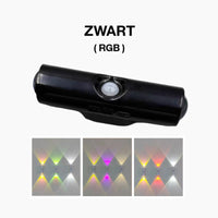Zwarte wandlamp met bewegingssensor, met onderaan drie voorbeelden van rgb-licht in verschillende kleuren op de muur 4