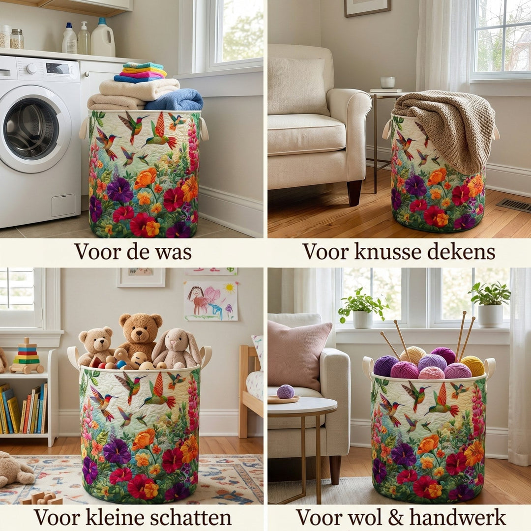 Vier sfeerbeelden van dezelfde mand in gebruik voor wasgoed, een plaid, speelgoed en garenbollen met breinaalden. 2
