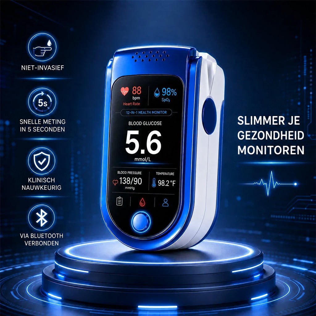 Blauw-witte monitor op een lichtgevend podium tegen een donkerblauwe technische achtergrond, met vier kenmerkpictogrammen. 6
