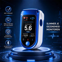 Blauw-witte monitor op een lichtgevend podium tegen een donkerblauwe technische achtergrond, met vier kenmerkpictogrammen. 6