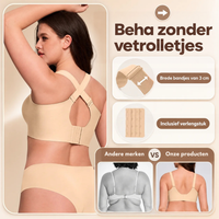 Rugzijde van de beige bh met gekruiste bandjes, haakjes en bijgeleverde verlengstrook naast een vergelijking met een gewone 3