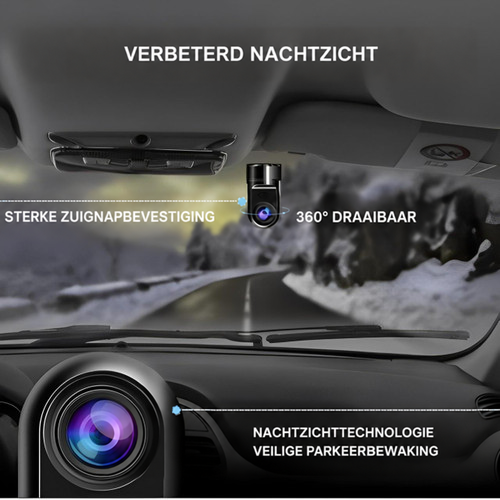 Dashcam bij de achteruitkijkspiegel van een auto met uitleg over nachtzicht en draaibare lens 3