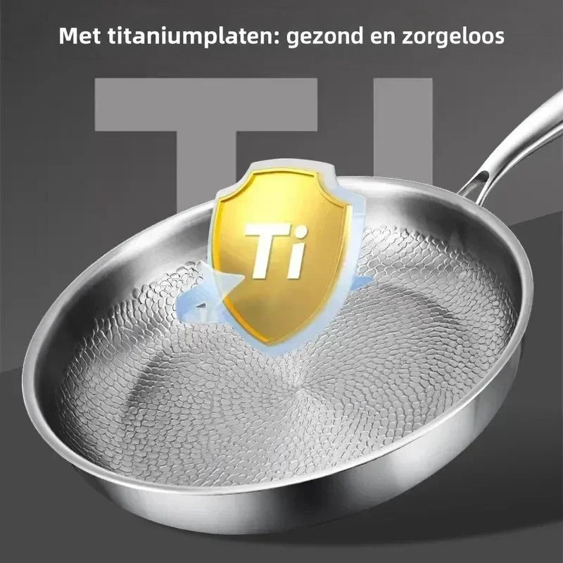 Koekenpan schuin van boven met een gouden schild-pictogram boven de bodem, dat de titaniumlaag moet illustreren. 6