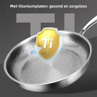 Koekenpan schuin van boven met een gouden schild-pictogram boven de bodem, dat de titaniumlaag moet illustreren. 6