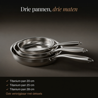 Drie koekenpannen in drie maten, gestapeld, met een lijst van de afmetingen 20, 25 en 28 cm 2