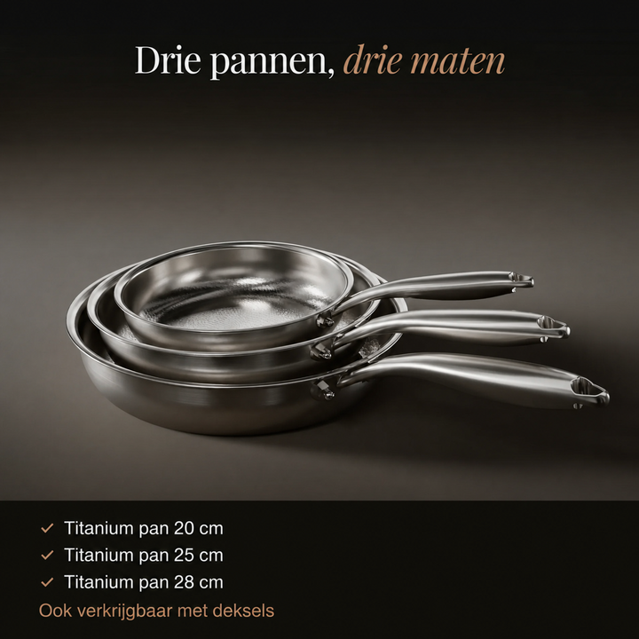 Drie koekenpannen in drie maten, gestapeld, met een lijst van de afmetingen 20, 25 en 28 cm 2
