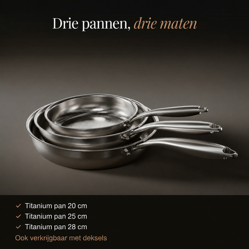 Drie koekenpannen in drie maten, gestapeld, met een lijst van de afmetingen 20, 25 en 28 cm 2