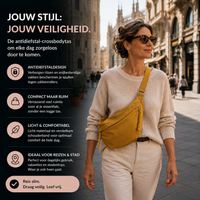 Vrouw met zonnebril draagt de okergele tas schuin over de borst tijdens een wandeling door de stad, met infographic over kenmerken. 2