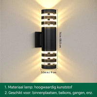 Cilindrische wandlamp met drievoudige ringen, met aangegeven hoogte en breedte in centimeters en inches 15