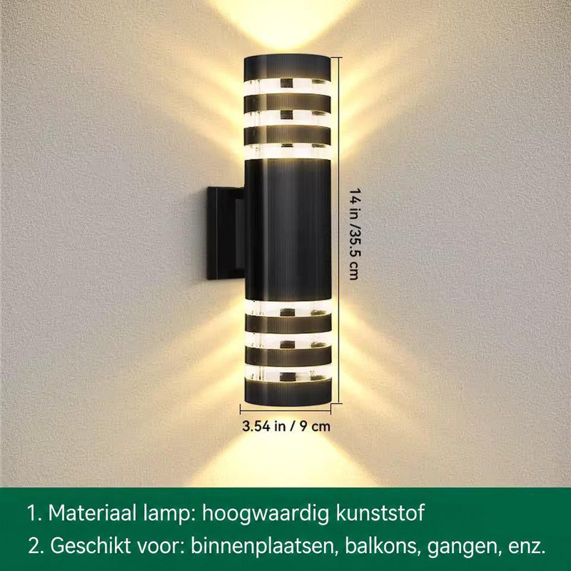 Cilindrische wandlamp met drievoudige ringen, met aangegeven hoogte en breedte in centimeters en inches 15