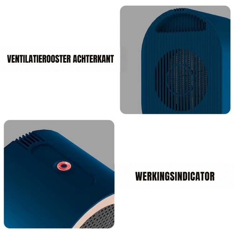 Twee close-ups van de blauwe verwarming: de ventilatieopening aan de achterkant en het rode indicatielampje bovenop 4