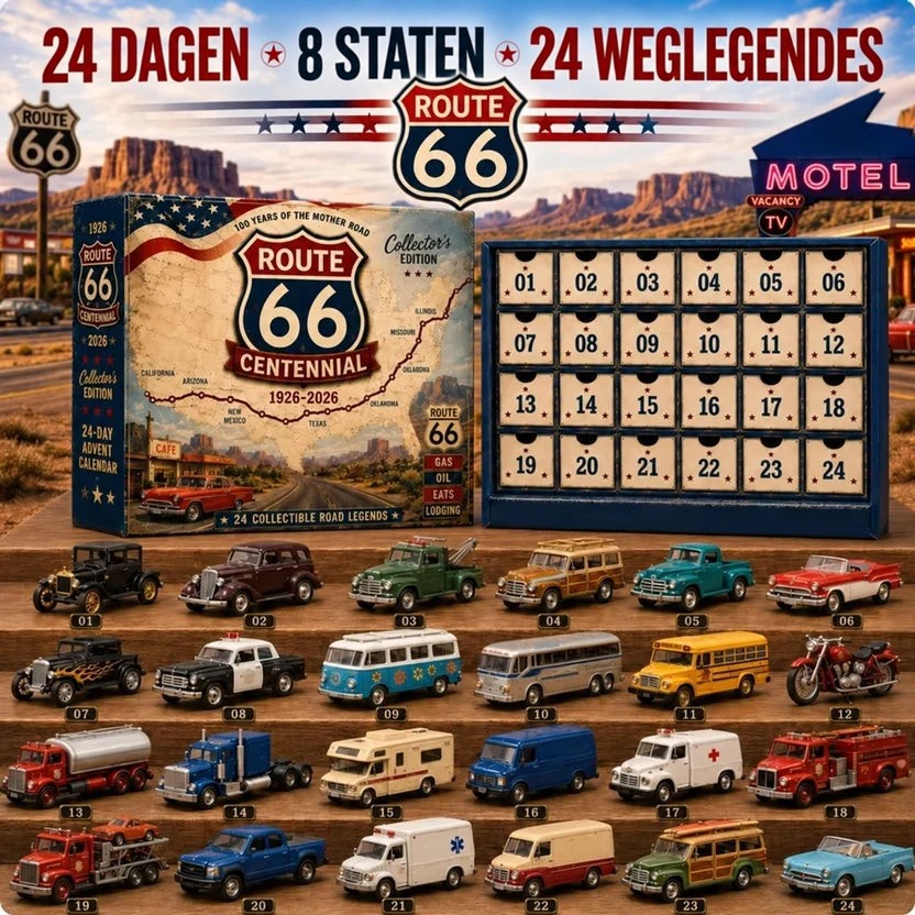 Kalenderdoos met landkaart naast een open kalender met 24 vakjes en daaronder genummerde miniatuurvoertuigen op houten 7