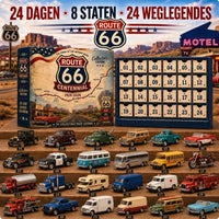 Kalenderdoos met landkaart naast een open kalender met 24 vakjes en daaronder genummerde miniatuurvoertuigen op houten 7
