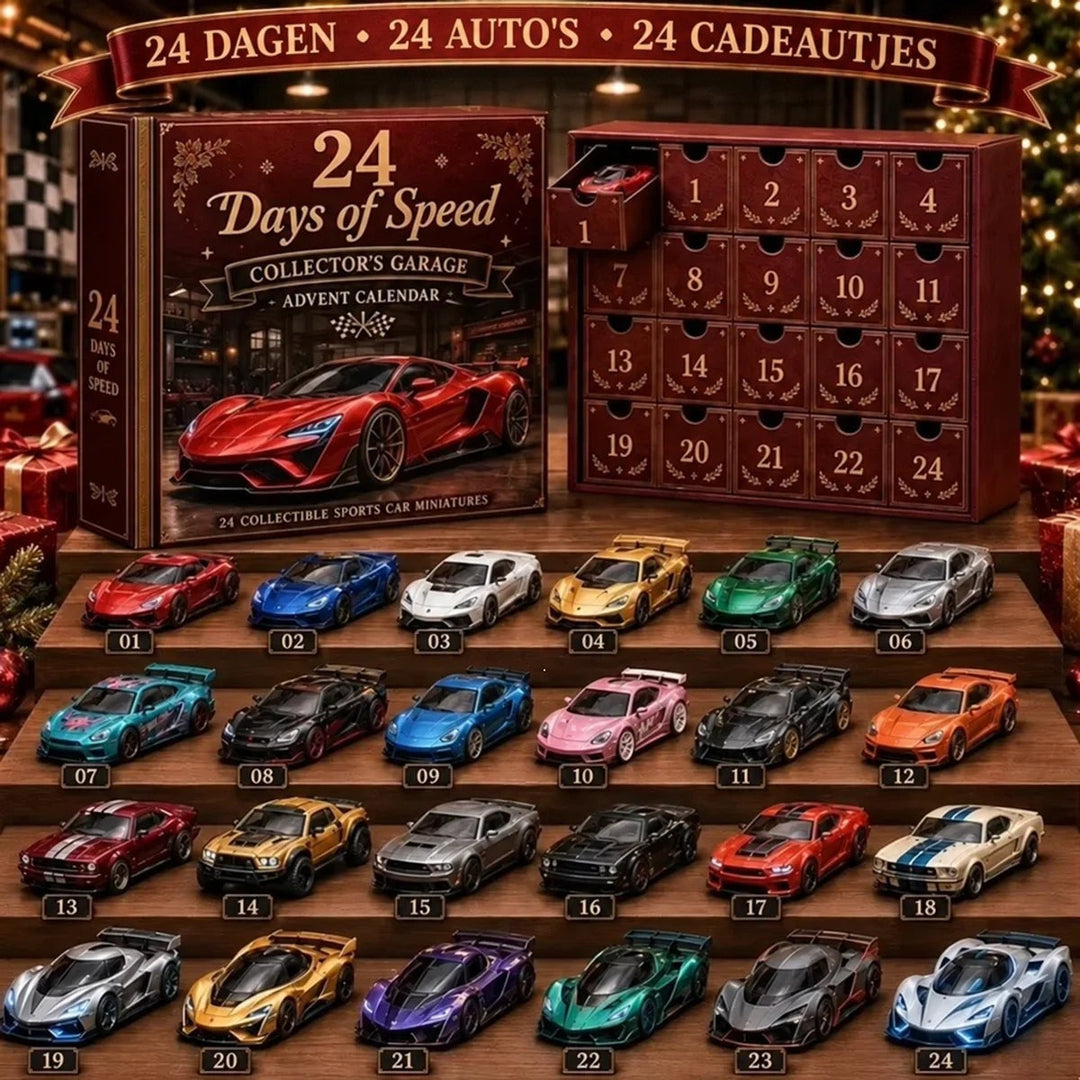 Bordeauxrode kalender met open vakje en lade, boven 24 genummerde glanzende miniatuur sportwagens op houten trappen 18
