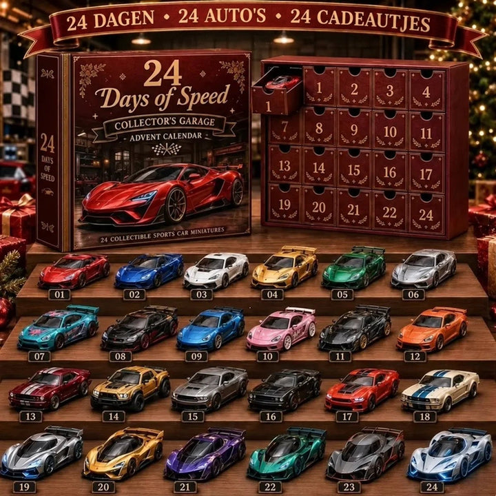 Bordeauxrode kalender met open vakje en lade, boven 24 genummerde glanzende miniatuur sportwagens op houten trappen 18