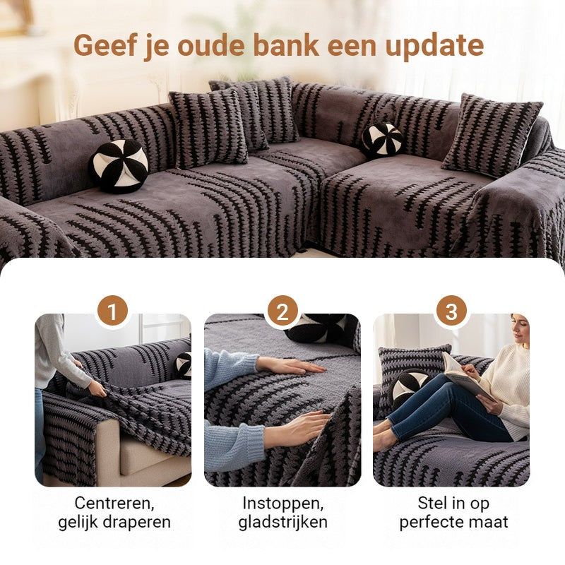 Hoekbank met grijze hoes en drie stappen om de hoes te leggen, glad te strijken en te passen 6