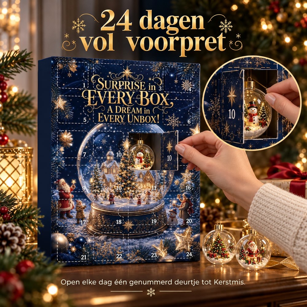 Hand opent deurtje 10 van de adventskalender, met een uitvergroting van de sneeuwpopbal erachter en twee ballen ernaast 10