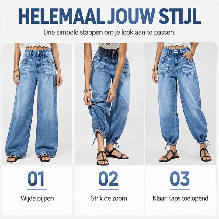 Drie stappen om de jeans te stylen: eerst wijde pijp, dan het strikkoord aanpassen, tot slot de afgetapte look met gestrikte zoom. 8