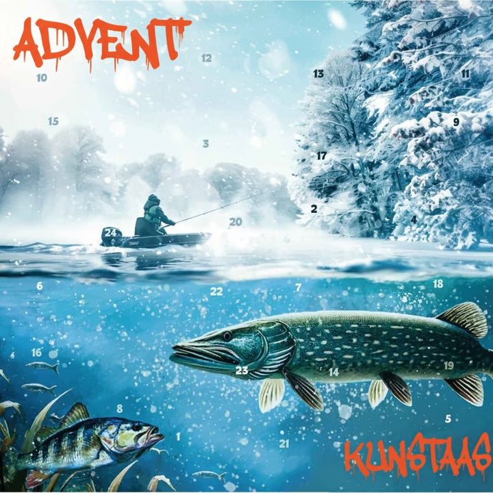 Kalenderontwerp met winterlandschap: visser in een boot boven een snoek en baars 4