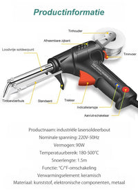 Soldeerpistool met benoemde onderdelen en een lijst met technische gegevens zoals spanning, vermogen en snoerlengte 8
