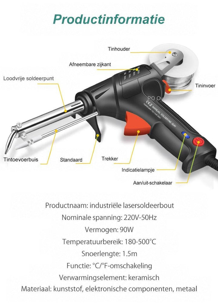 Soldeerpistool met benoemde onderdelen en een lijst met technische gegevens zoals spanning, vermogen en snoerlengte 8