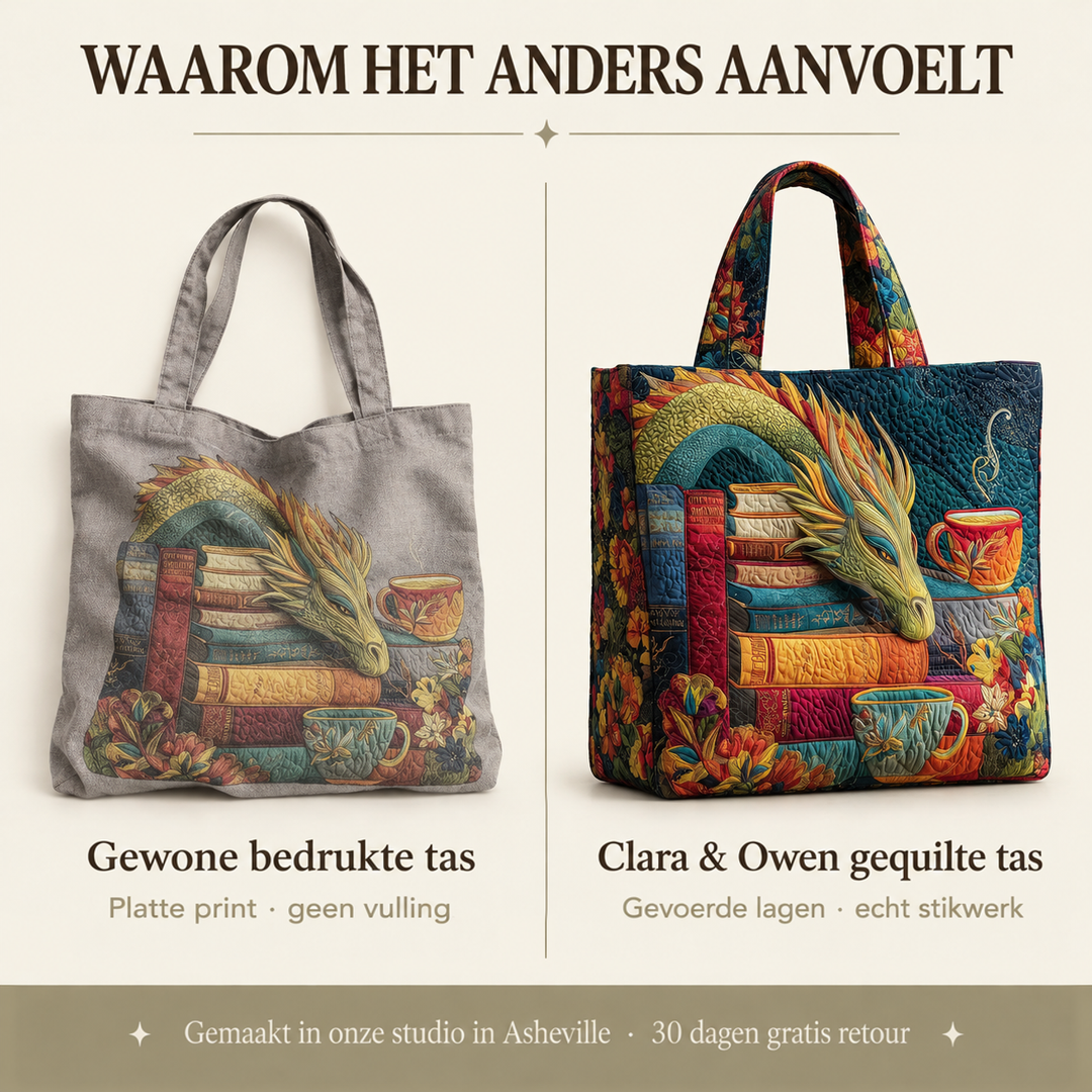 Vergelijking van een gewone, platte bedrukte grijze tas links met de gewatteerde totebag met draakmotief en gestikte lagen rechts. 4