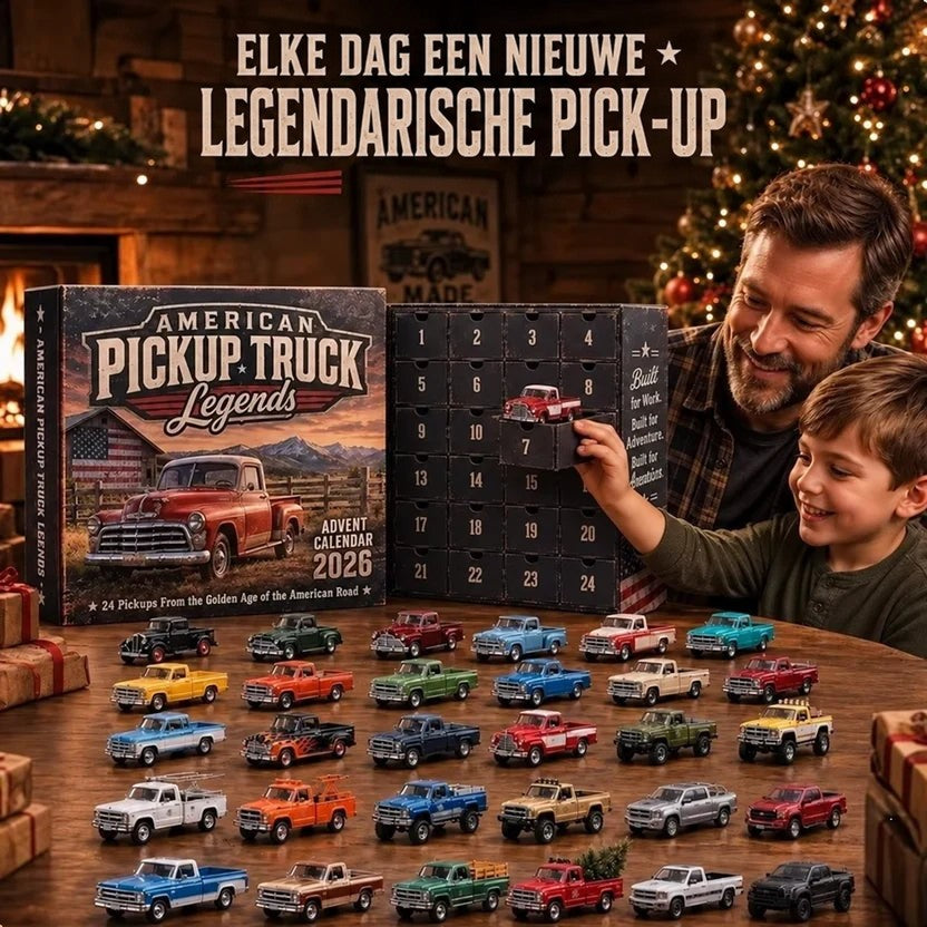 Vader en zoon openen vakje van een kalender bij kerstboom, met 24 miniatuur pick-ups op tafel 5