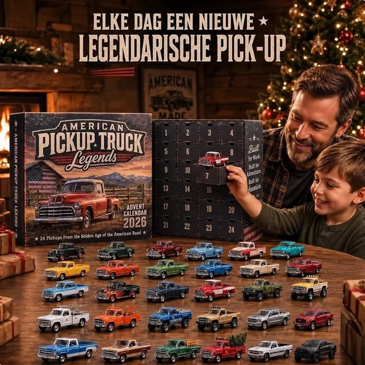 Vader en zoon openen vakje van een kalender bij kerstboom, met 24 miniatuur pick-ups op tafel 5